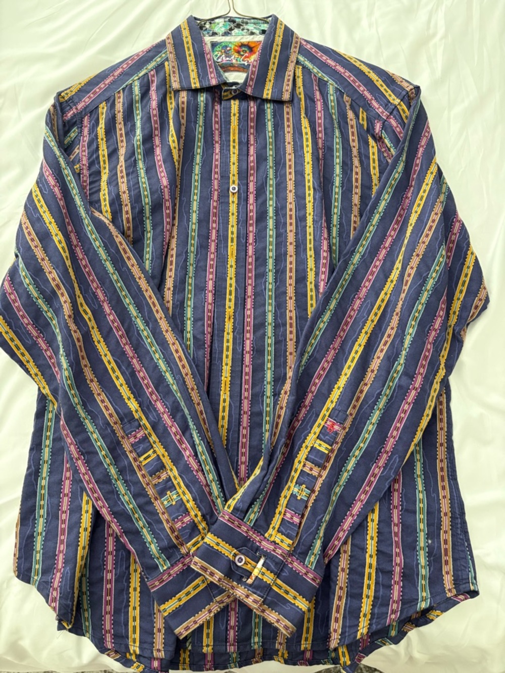 Men's/Unisex Striped Button-Up Shirt in Navy with Multicolor Stripes